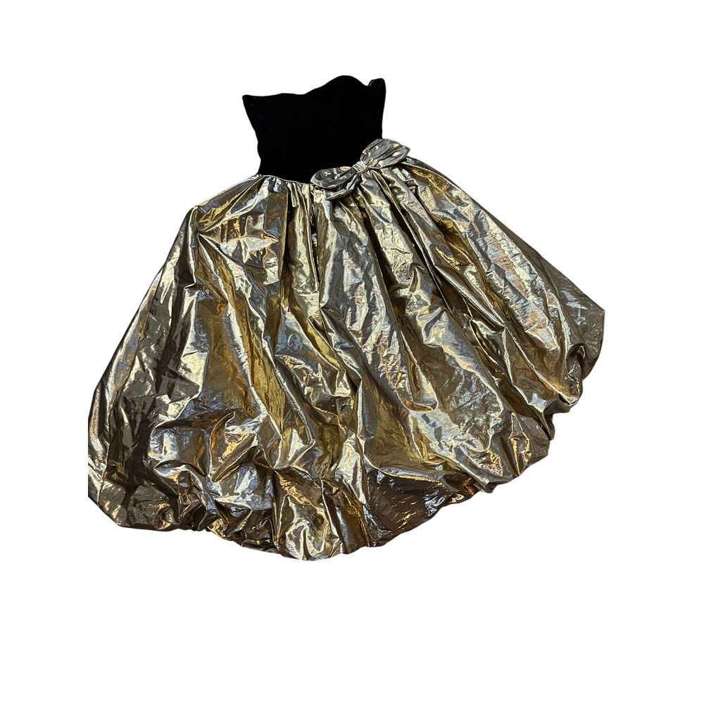 Vintage 80s Strapless Velvet Gold Metallic Bubble Hem Party Dress Sz 10 ILGWU